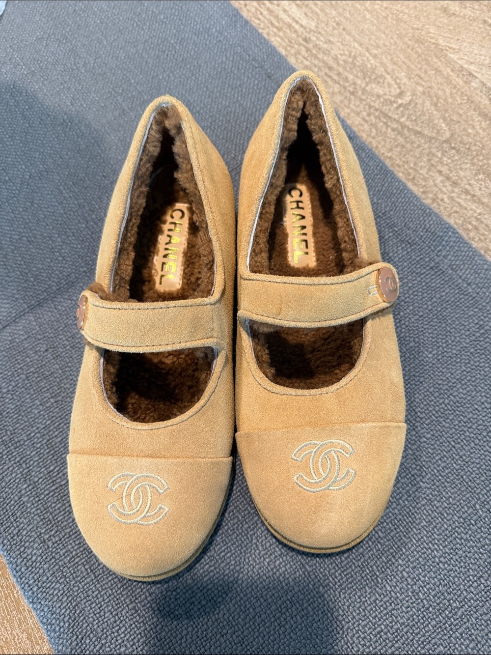 CHANEL Tan Suede Girls Mary Jane Flats with CC Stitching